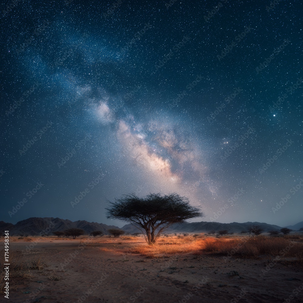 Fototapeta premium Milky Way and stars in a blue night sky on a dark background. With noise and texture, the universe is full with stars, nebula, and galaxies. Long exposure photo with white balance choice. incredible c