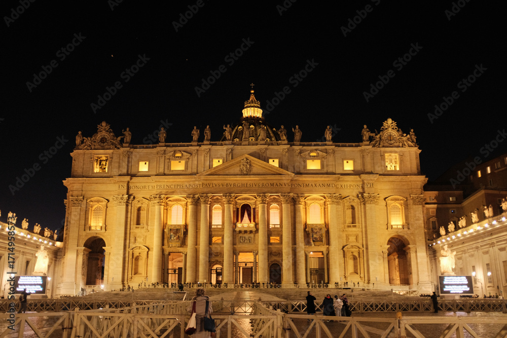 Obraz premium St Peters Basilica facade at night Vatican City Rome Christmas season lights. High quality photo