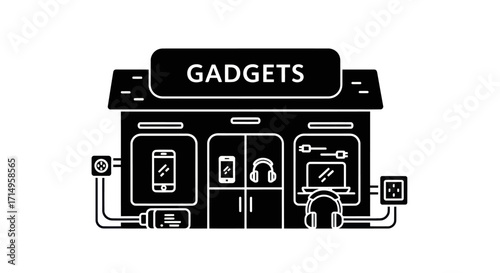 Black glyph icon of a gadgets and electronics store building with a storefront displaying various devices.