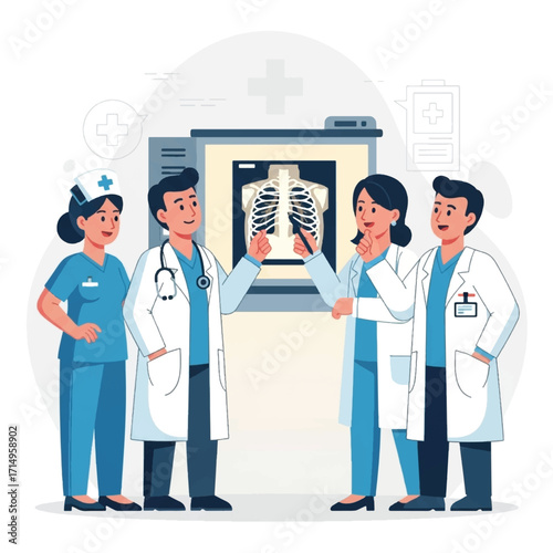 A team of doctors and a nurse collaborating while analyzing a patient's chest x-ray on a screen.