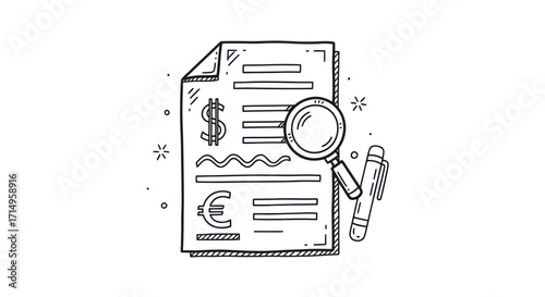 Hand-drawn illustration of financial document analysis with magnifying glass and pen.