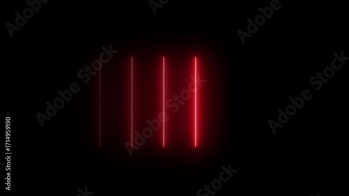 Five vertical red neon lines looping the neon line and glowing neon line ,animation video. Colorful Neon Light Technology Loop Dancing Stage Isolated Transparent black Background.