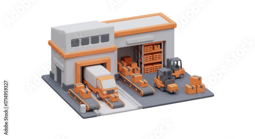 3D Model of a Warehouse with Loading Dock and Forklifts.