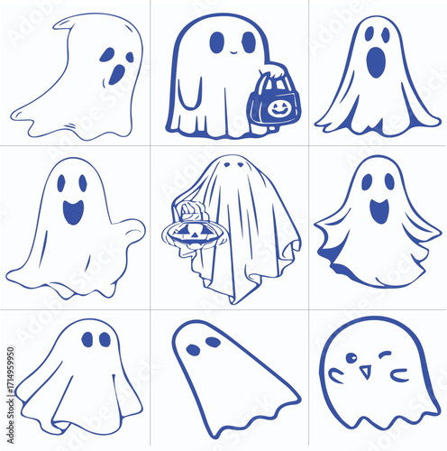 Kawaii Ghost Halloween Designs vector set