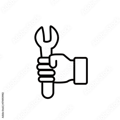 Clean line art vector illustration of a hand holding a wrench.
