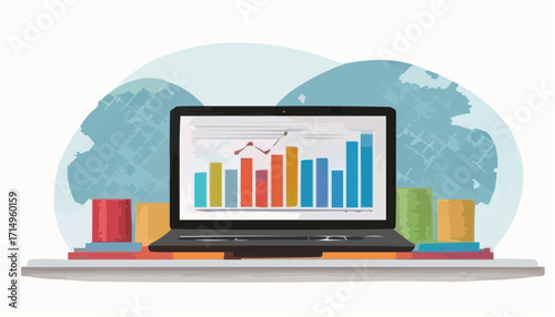 Flat design laptop with charts vector, white background