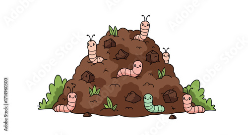Cute Cartoon Earthworms Wiggling in Soil Pile with Green Sprouts.