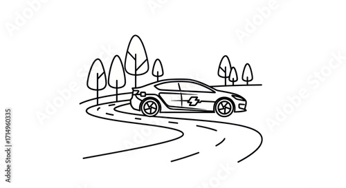 Hand-drawn sketch of a modern electric car driving on a winding road through a forest.
