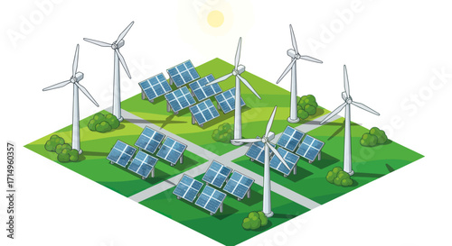 Renewable Energy Landscape: Wind Turbines and Solar Panels on Green Field.