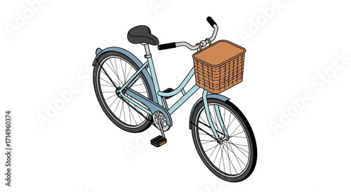 Classic Blue Bicycle with Wicker Basket and Chrome Accents.