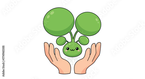 Cute green cartoon plant sprout with happy face gently held by caring hands symbolizing growth.
