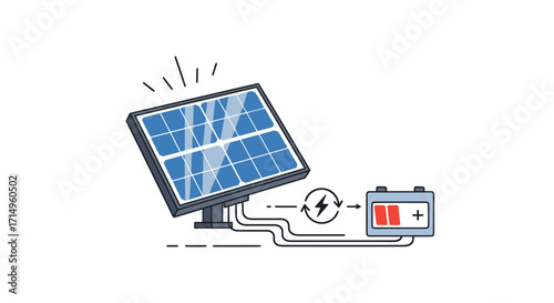 Solar Panel Charging Battery System Illustration for Renewable Energy.