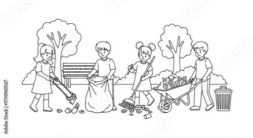 Children Cleaning Park Environmental Cleanup Illustration.