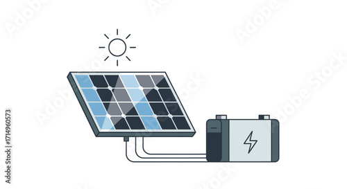 Solar Panel System with Battery and Sun Illustration.