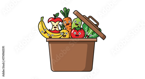 Cartoon Fruits and Vegetables in a Brown Compost Bin with Lid.