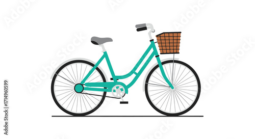Teal-Colored Bicycle with Basket Classic Design Isolated on White.