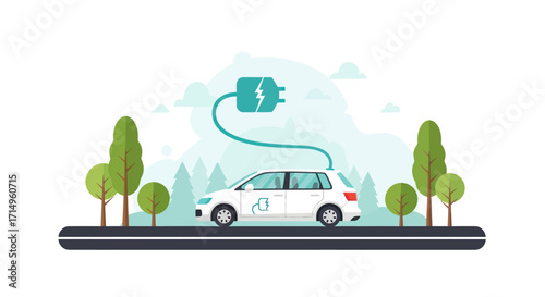 Flat vector illustration of a white electric car charging with a large green plug on a scenic road with trees.