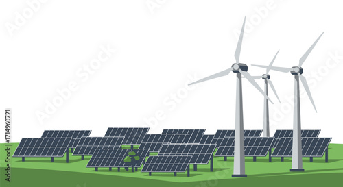Renewable Energy Farm with Wind and Solar Panels.