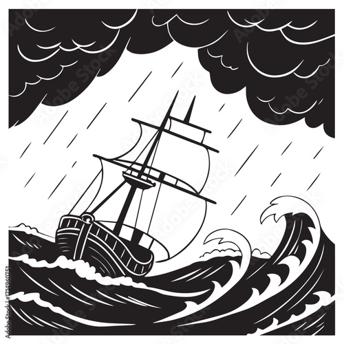 A ship braves a stormy sea under a sky filled with dark clouds and heavy rain, showcasing the power of nature and the resilience of maritime vessels against the elements