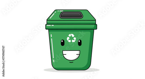 A cute green cartoon recycling bin with a smiling face and a recycling symbol.