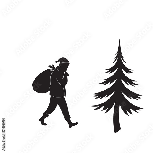 Silhouette of santa claus carrying a sack near a christmas tree isolated on white background, depicting the holiday season and the tradition of giftgiving and festive cheer