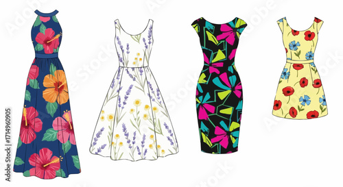 Beautiful floral summer dresses collection for fashion design, vibrant flower patterns create a stylish and modern look, perfect for seasonal promotions