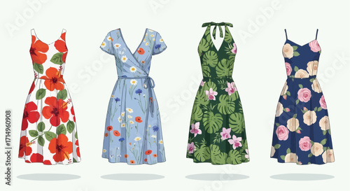 Charming floral summer dresses collection featuring vibrant hibiscus, delicate daisies, tropical orchids, and elegant roses for breezy vacation style