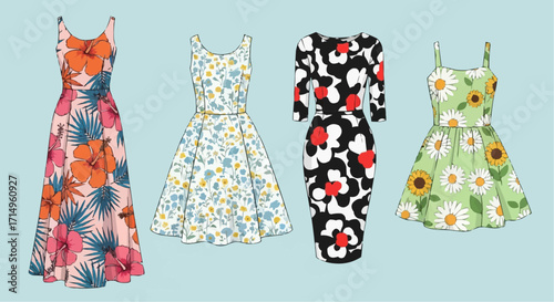 Explore a curated collection of vibrant floral dresses perfect for summer fashion, featuring tropical hibiscus, daisies, and retro-inspired botanical prints