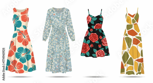 Charming collection of floral dresses evokes summertime bliss, perfect for fashion blogs, textile designs, and stylish apparel catalogs with a fresh flair