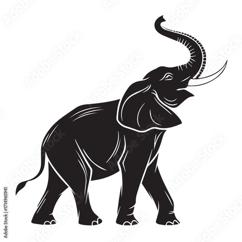 An imposing elephant stands tall, trunk raised in a triumphant gesture, isolated on white background, symbolizing wisdom, strength, and the majestic beauty of the animal kingdom