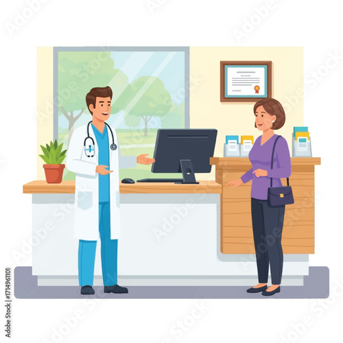 A doctor in a white coat and a stethoscope talking to a female patient at the reception desk.