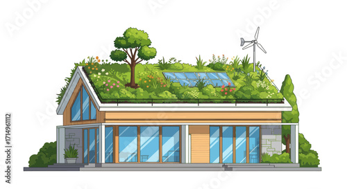 Modern eco-friendly house with a lush green roof solar panels and a wind turbine.
