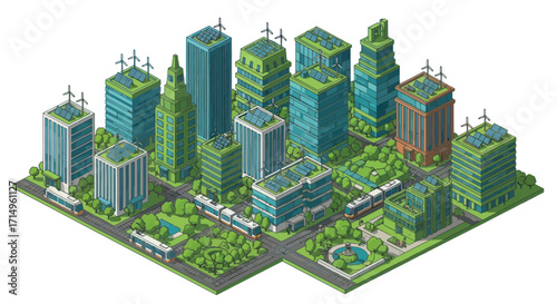 Isometric Green Cityscape with Wind Turbines and Lush Vegetation on Building Rooftops.