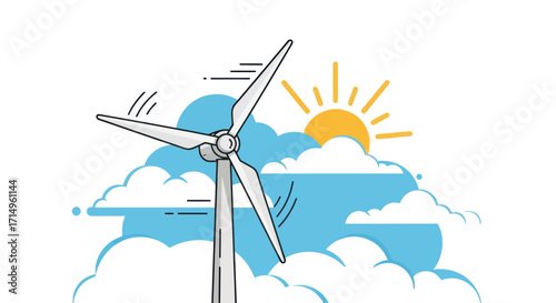Wind Turbine Illustration with Clouds and Sun Renewable Energy Concept.