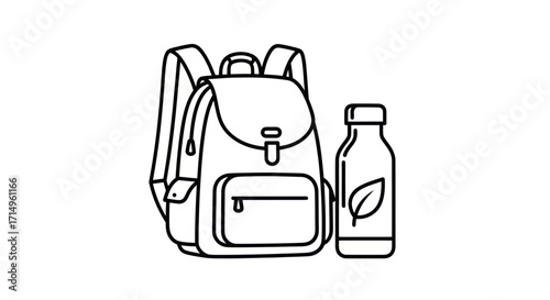 A simple line art icon of a travel backpack and a reusable water bottle with a leaf symbol.