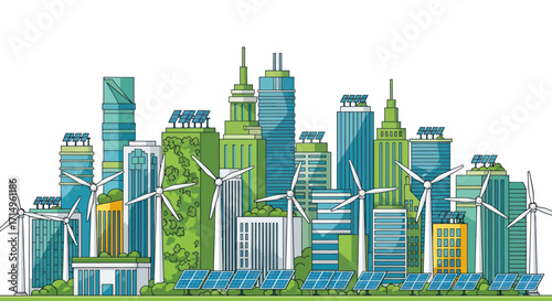 Eco-Friendly Cityscape with Wind Turbines and Solar Panels.