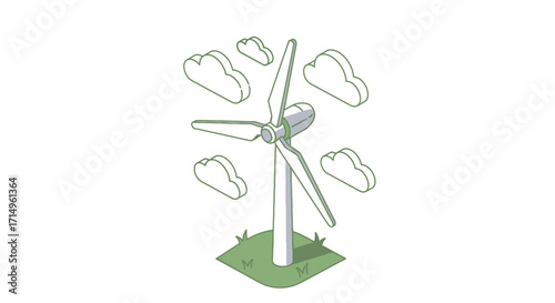 Stylized Isometric Wind Turbine Generating Clean Energy Amidst Clouds.