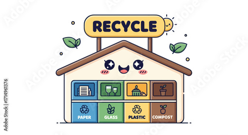 Cute Recycle Center Illustration with Kawaii Style and Colorful Bins.