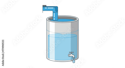 Cylindrical Water Tank with Blue Water and Faucet.