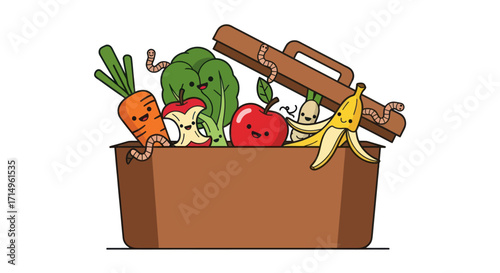 Cartoon lunchbox overflowing with anthropomorphic fruits and vegetables.