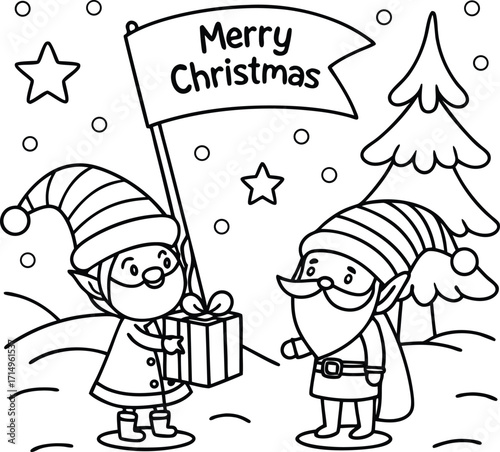 Santa Claus Illustration: A cheerful Santa Claus in his traditional red suit and carrying a large sack, presented with a colored version and a line art version. Perfect for Christmas cards