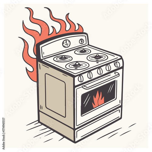 A vintagestyle illustration depicts a stove engulfed in flames, with flames emanating from the burners and oven, set against a neutral background, creating a sense of urgency and chaos