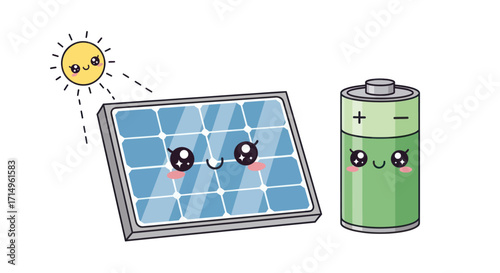 Adorable cartoon solar panel and battery characters powered by a smiling sun.