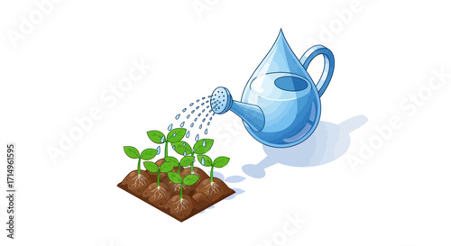 Blue Watering Can Nurturing Green Plant Sprouts in Soil.