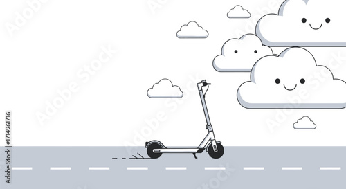 Modern Electric Scooter on Road with Cartoon Clouds Illustration.