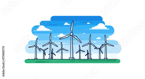 A field of modern wind turbines generating clean energy under a blue sky.