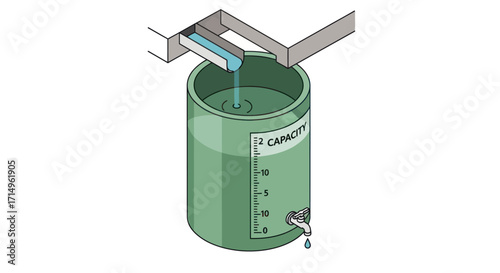 Rainwater Harvesting System: Water Collection in a Green Container with Spigot.