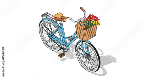 Classic light blue bicycle with a front wicker basket holding a bouquet of colorful flowers.