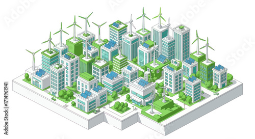 Isometric Green Sustainable City with Wind Turbines and Solar Panels.