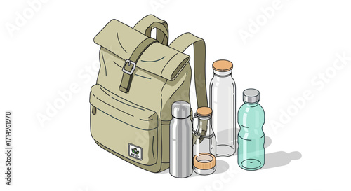 Beige Canvas Backpack with Water Bottles Illustration.